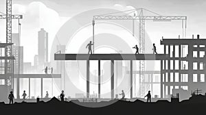 Silhouettes of workers on the construction site. Vector illustration