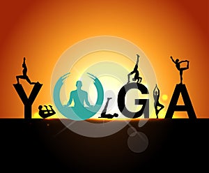 Silhouettes in the yoga poses on a early morning background, world yoga day, design templates for spa center or yoga studio