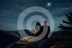 Silhouettes of a young couple admiring beautiful view on sunset. Man and woman looking at scenic night landscape