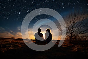 Silhouettes of a young couple admiring beautiful view on sunset. Man and woman looking at scenic night landscape. Lovers