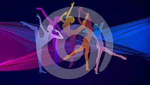 Silhouettes of young graceful female ballet dancers on dark background