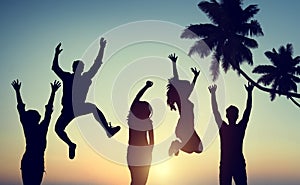 Silhouettes of Young People Jumping with Excitement
