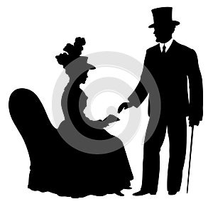 Silhouettes of young victorian couple formed by woman sitting on armchair, holding fan and man with top hat and walking stick.