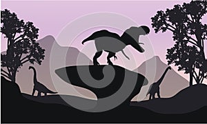 Silhouettte of baby Brachiosaurus and T-Rex