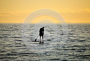 Silhoutte of stand up paddling surfer