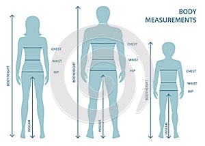 Silhouttes of man, women and boy in full length with measurement lines of body parameters .