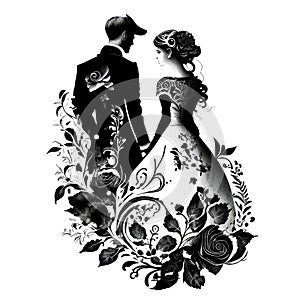 Silhuette of a couple in a wedding ink background