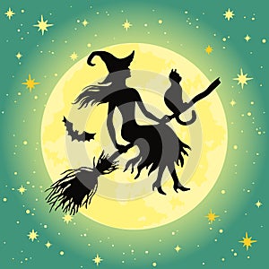 Silhuette of flying witch, full moon and stars,  Halloween vector illustration