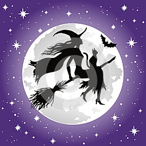 Silhuette of flying witch, full moon and stars,  Halloween vector illustration