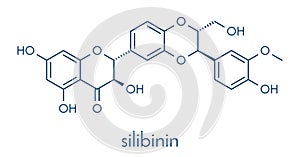 Silibinin silybin milk thistle molecule. Major constituent of silymarin, has liver protecting properties. Skeletal formula.