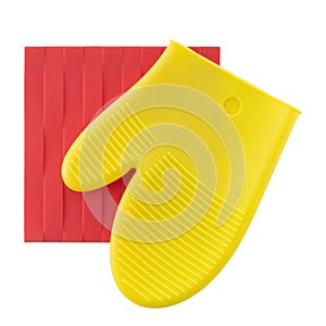 Silicon, silicone pot holders, red and yellow, isolated on white background. Modern kitchenware, square and mitt glove