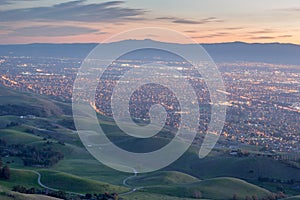 Silicon Valley and Green Hills at Dusk. Monument Peak, Ed R. Levin County Park, Milpitas, California, USA.