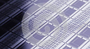 Closeup of a silicon wafer showcasing microchips and integrated circuits technology