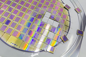 Silicon wafer with microchips fixed in a holder with a steel frame after the dicing process and separate microchips