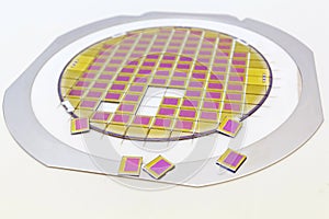 Silicon wafer with microchips fixed in a holder with a steel frame after the dicing process and separate microchips photo