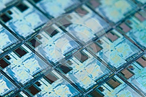 Silicon wafer with microchips used in electronics for the fabrication of integrated circuits. Full-frame high-tech macro