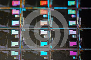 Silicon wafer with microchips used in electronics for the fabrication of integrated circuits. Full-frame high-tech macro
