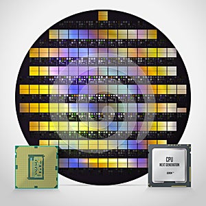 Silicon wafer with ready processors. Realistic illustration