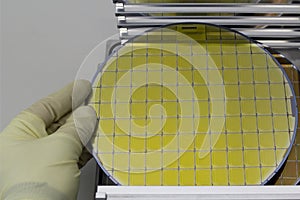 Silicon Wafers in steel holder box take out by hand in gloves- A wafer is a thin slice of semiconductor material, such as a