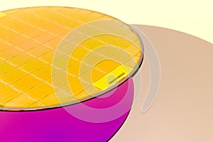 Silicon Wafers three types -empty grey wafer,purple wafer with SiO film and gold wafes with microchips