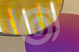 Silicon Wafers three types -empty grey wafer,purple wafer with SiO film and gold wafes with microchips