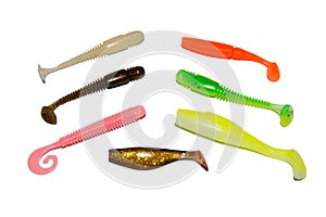 Silicone fishing lures. Colorful baits. Isolated on white background