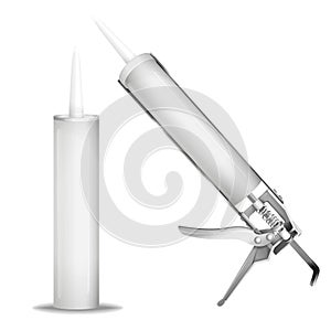 Silicone gun vector illustration of 3d isolated realistic sealant or construction caulking gun mockup model