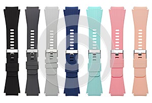 Silicone strap for smart watches, on a white background in isolation, collage
