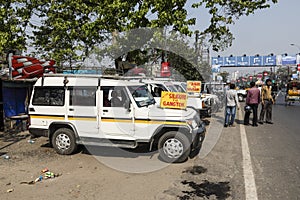 Siliguri, India, March 4 2017: Offroad cars are waiting for passengers