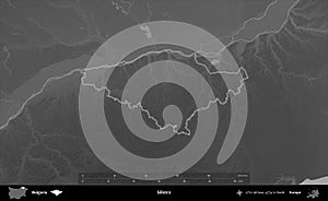 Silistra outlined, Bulgaria. Grayscale