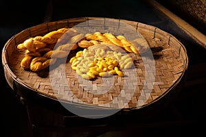 Silk cocoons and raw silk threads