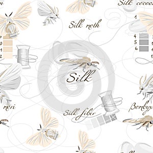 Silk cultivation white seamless vector pattern