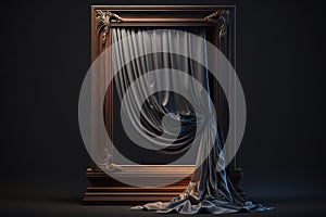 silk curtain draped over large rectangle very simple wooden frame for picture on dark background created by generative AI