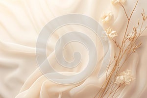 Silk fabric with artificial flower captures essence of tranquility. Smooth texture inviting to touch blurring line photo