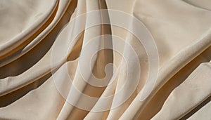 Silk fabric beige background, elegant feminine textile drapery texture, creased fabric cloth