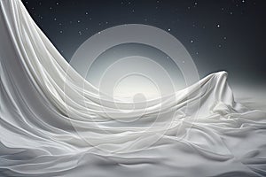 Silk fabric develops in the wind against the background of the sea and sky