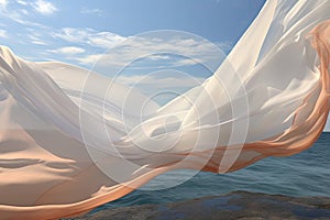 Silk fabric develops in the wind against the background of the sea and sky