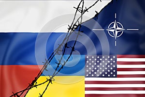 Silk flags of Russian Federation Grunge flags of Russian Federation, NATO, USA and Ukraine divided by barb wire illustration