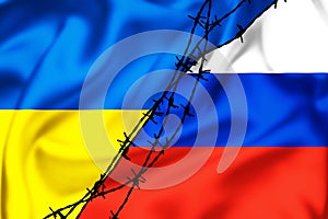Silk flags of Russian Federation and Ukraine divided by barb wire illustration