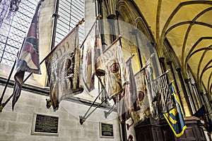 Silk Military Flags Regimantal Colours on Display Salisbury Cathedral , Wiltshire England UK