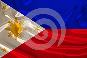 silk national flag of the modern state of the philippines with beautiful folds flutters in the wind, concept of tourism, travel,