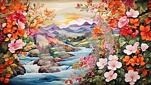 Silk painting: An evocative, nature-inspired scene, celebrating the beauty of the changing seasons, with lush foliage, blossoming