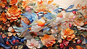 Silk painting: A graceful, bird-themed composition, showcasing the elegance and movement of various bird species in flight, all photo