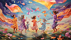 Silk painting: A playful, childhood memory, featuring children playing games, flying kites, or sharing laughter, all captured in