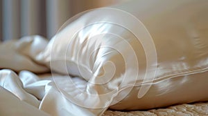 A silk pillowcase dd over a pillow its smooth surface contrasting against the rough fabric of the pillow photo