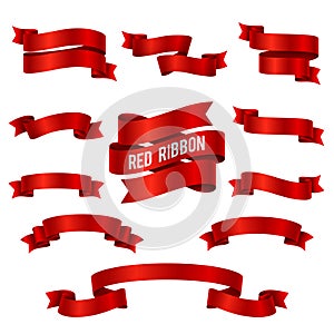 Silk red 3d ribbon banners vector set isolated