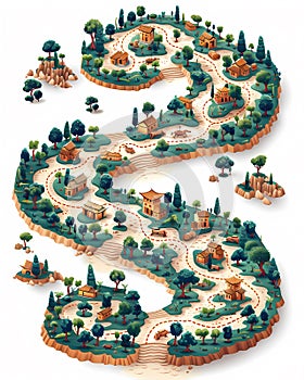 Silk Road Visualized: Detailed Watercolor Village Map Flowchart