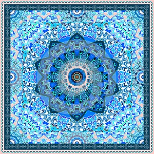 Silk scarf with blue mandala flower on ornamental background and decorative border. Indian, arabian motives. Beautiful winter