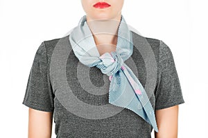 Silk scarf. Blue silk scarf around her neck isolated on white background.