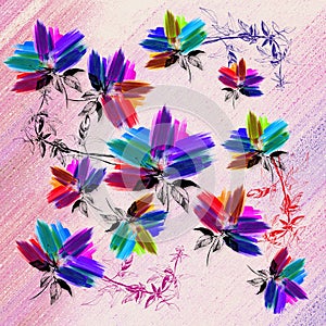 Silk scarf design with abstract brush strokes flowers on geometric background